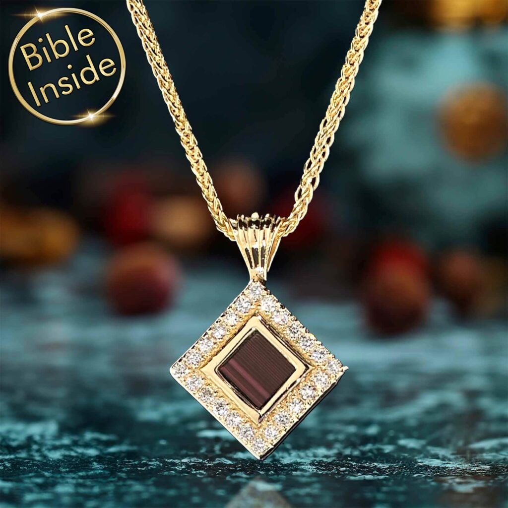 Womens Christian Jewelry Gold Diamond Pendant With Bible Chip Inside by My Nano Jewelry